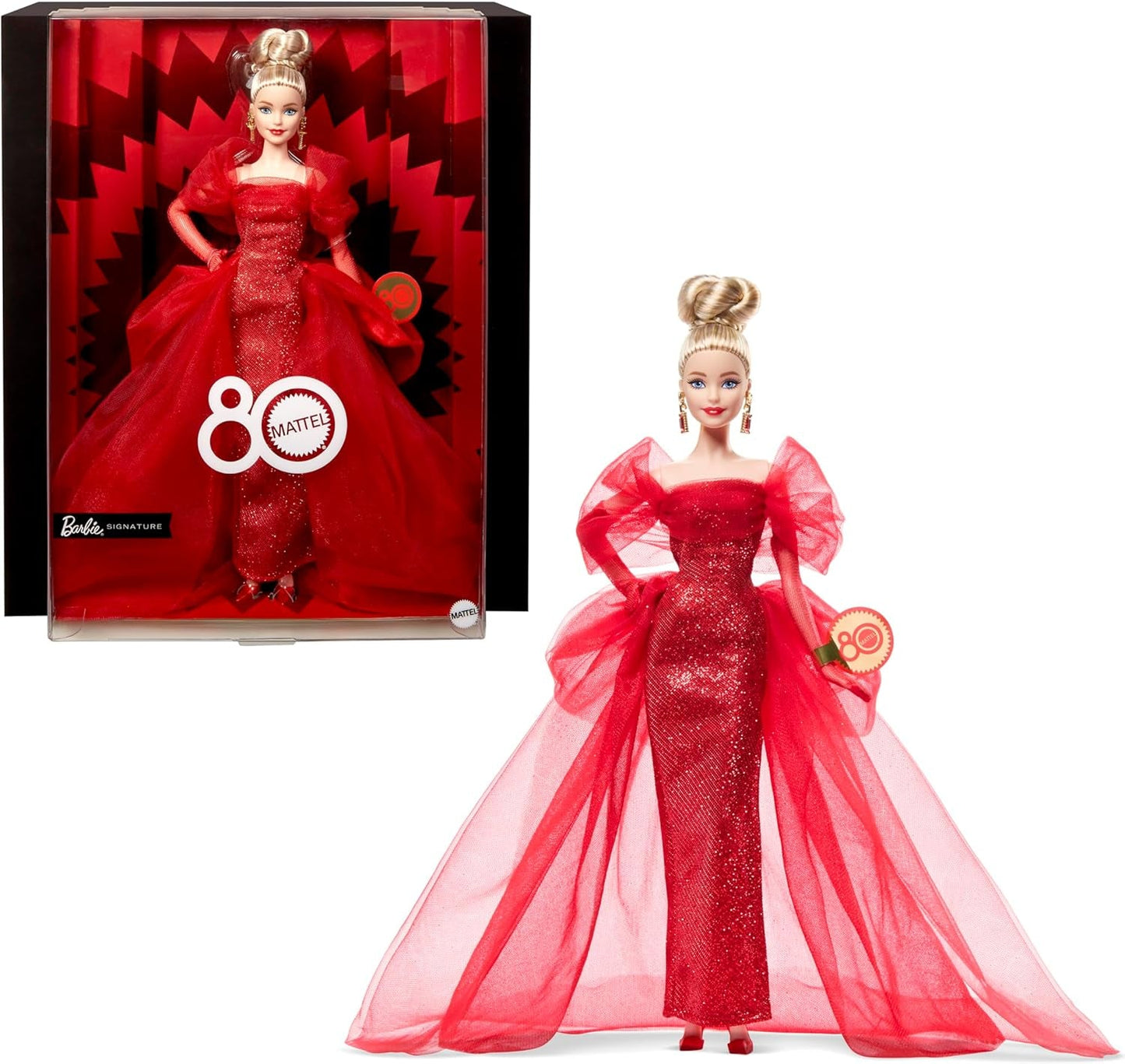 Podpisová panenka Barbie k 80. výročí Mattel sběratelská figurka v zářivě červených tylových šatech s náušnicemi ve tvaru slzy a jemnými rukavicemi Blond vlasy JBJ17