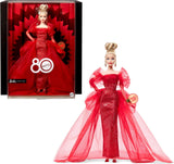 Podpisová panenka Barbie k 80. výročí Mattel sběratelská figurka v zářivě červených tylových šatech s náušnicemi ve tvaru slzy a jemnými rukavicemi Blond vlasy JBJ17