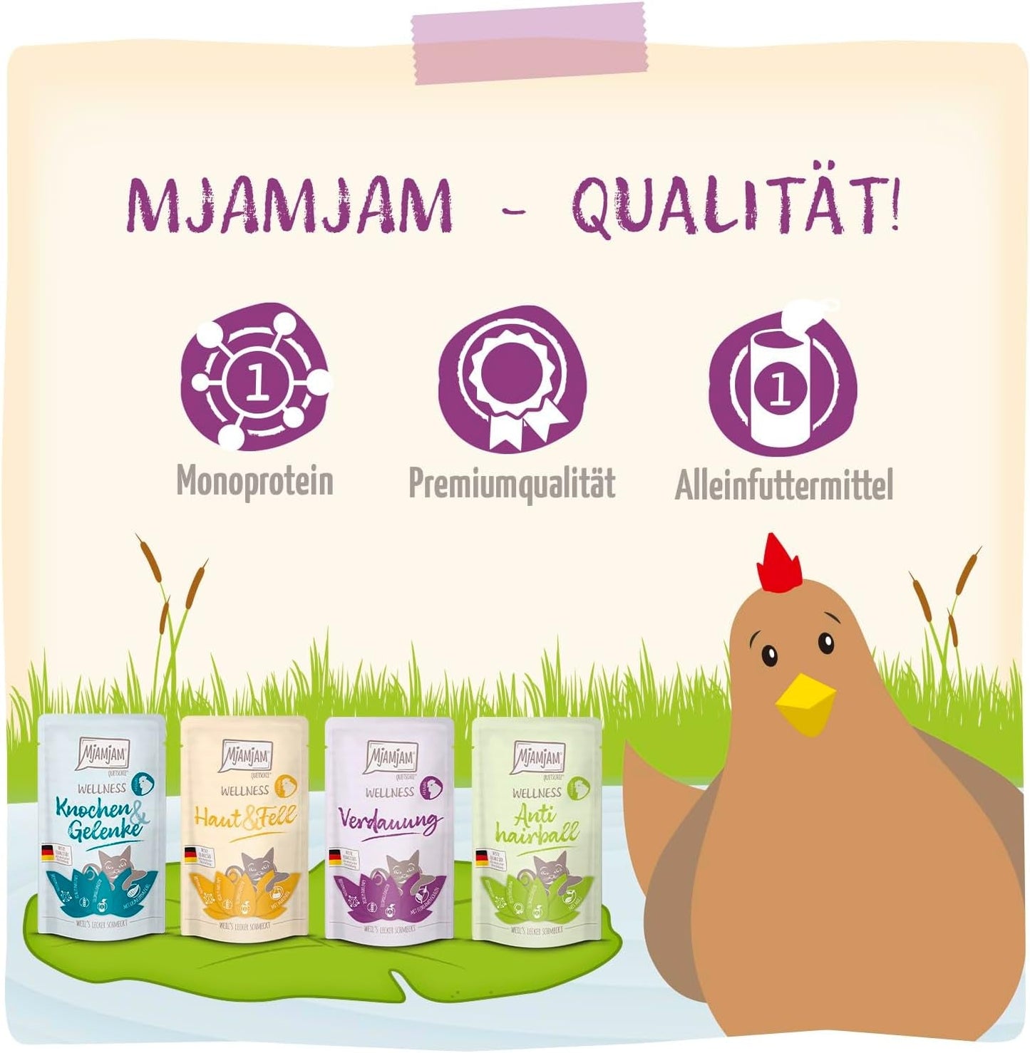 MjAMjAM - prémiové mokré krmivo pro kočky - kuřecí wellness balíček 12 balení (12 x 125 g) bez obilovin s extra masem