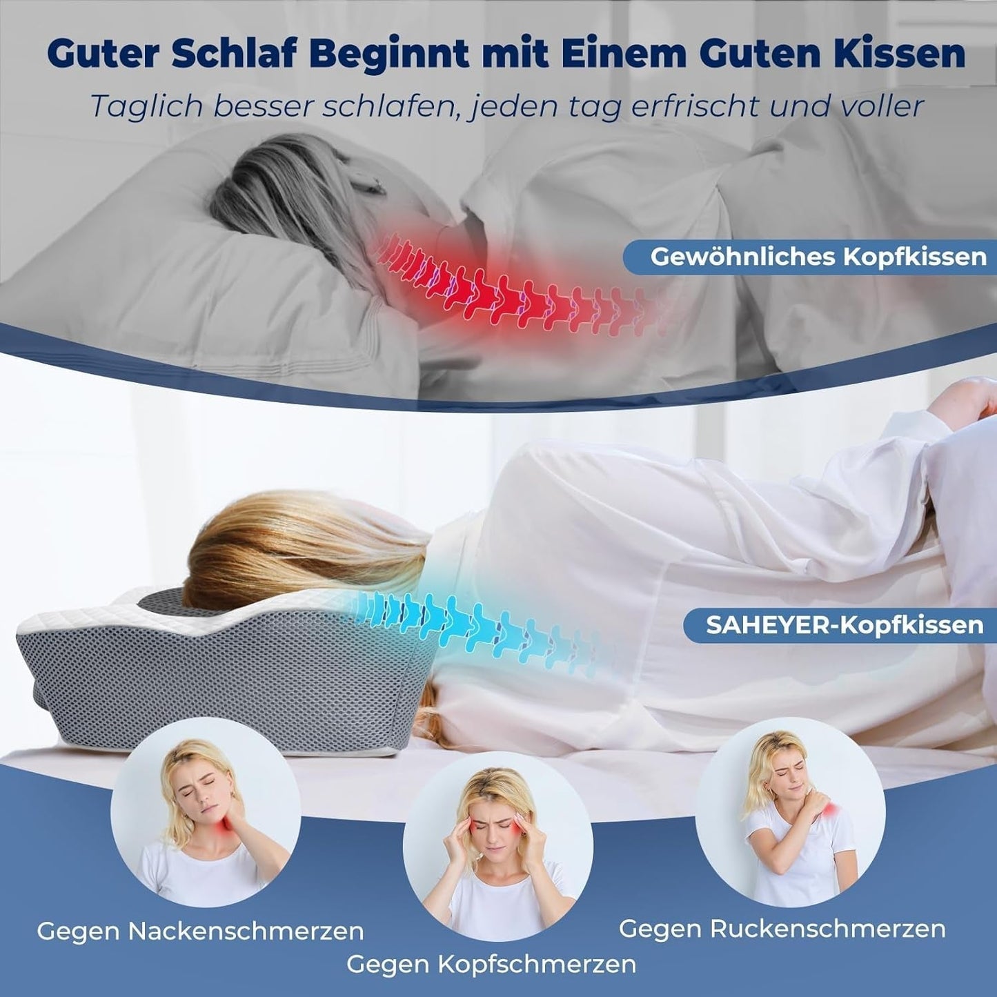SAHEYER ortopedický polštář šíjová opěrka polštář hlavový polštář, ergonomický šíjový polštář boční spací polštář 60 X 40 X 13/11 cm polštář z paměťové pěny pro spaní na boku, záda a žaludek Krční ortopedické polštáře Naty Shop