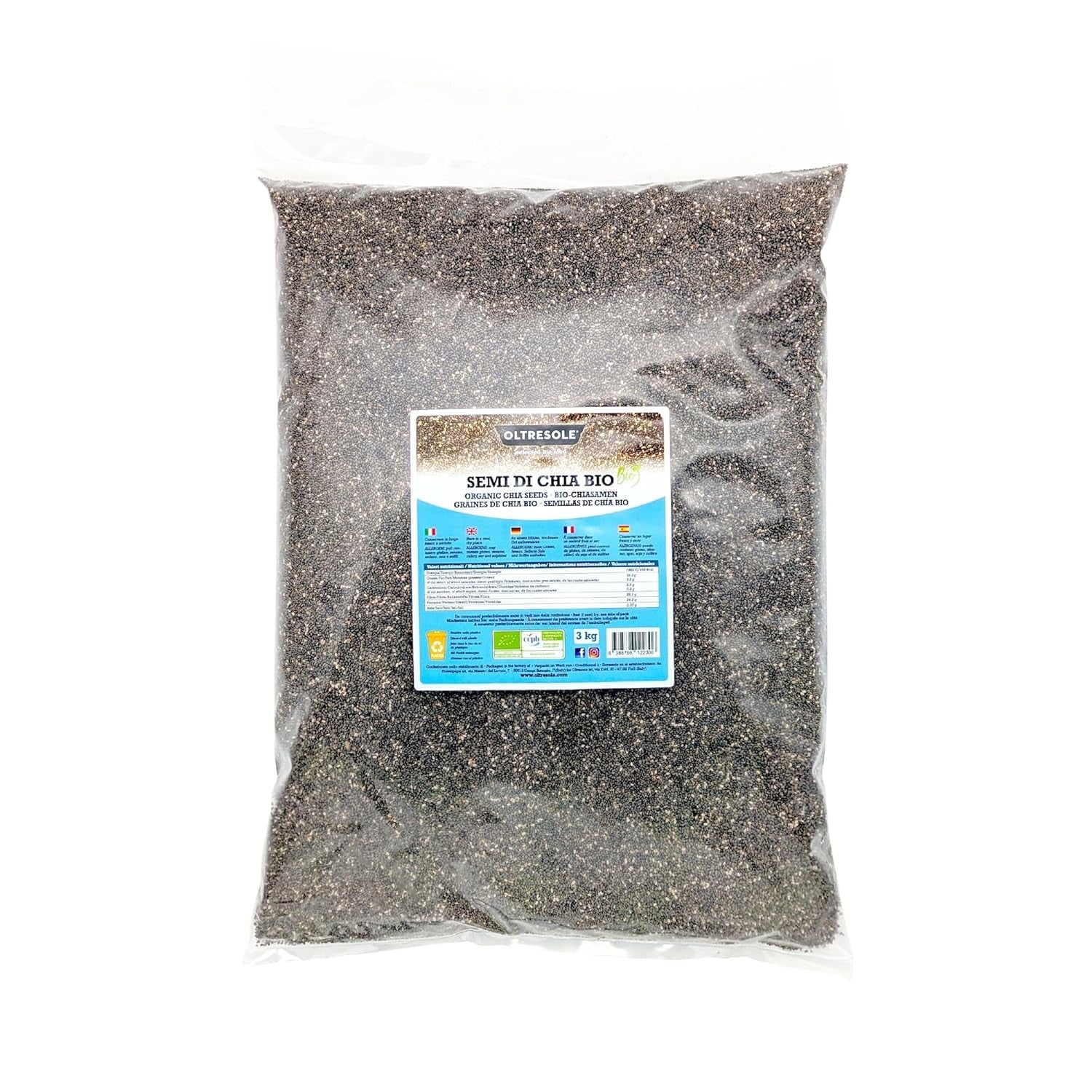 - Bio chia semínka 3 kg - Bio raw olejová semínka, zdroj bílkovin a vlákniny, přirozeně bez lepku, ideální do salátů nebo obohaceného pečiva, pohodlné balení