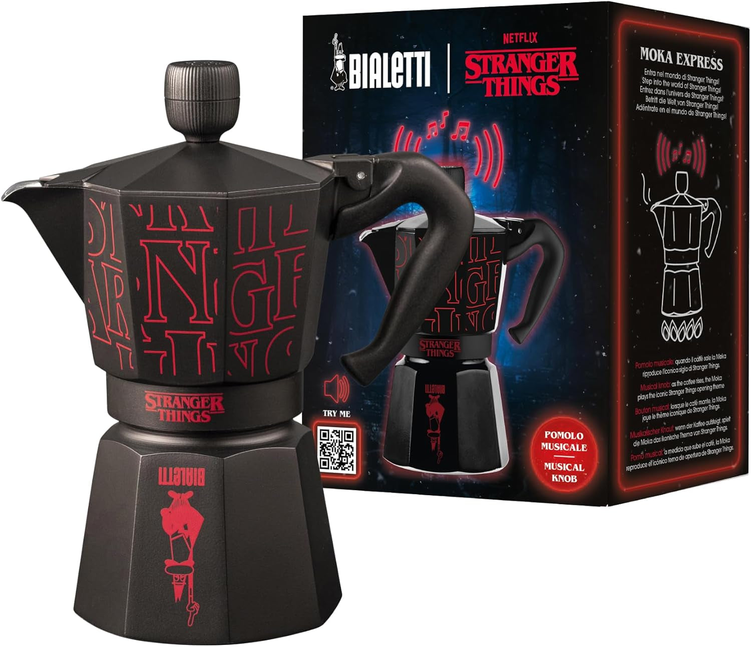 Kávovar Bialetti Moka Express Stranger Things na 6 šálků, hudební tlačítko s funkcí nabíjení USB-C, nevhodné pro indukční varné desky, 6 šálků (270 ml), černá