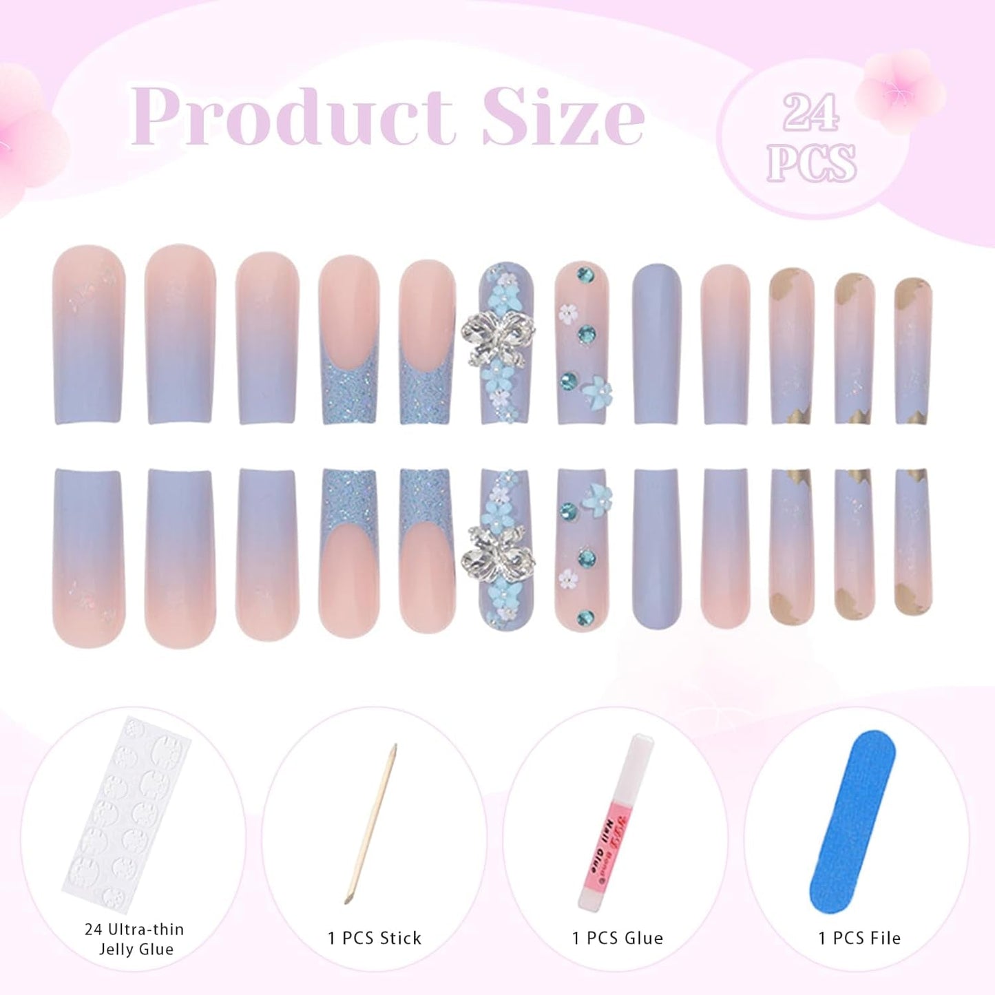 24ks Butterfly Blue Umělé nehty Čtvercový lis na francouzské dlouhé třpytky Třpytivé štrasové falešné nehty