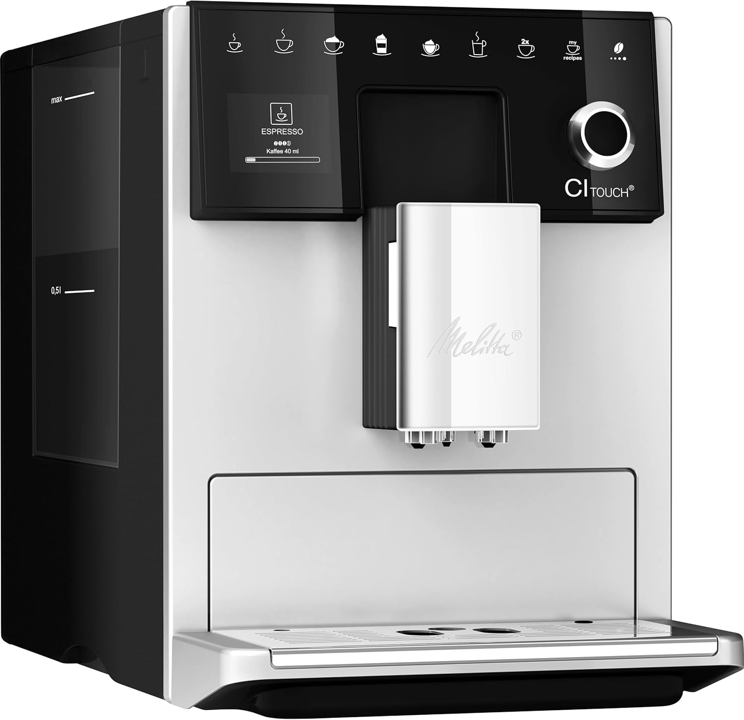 Melitta CI Touch - Plně automatický espresso kávovar s mléčným systémem, espresso kávovar s integrovaným mlýnkem na kávu a napěňovačem mléka, kupř. na espresso nebo cappuccino, stříbrná