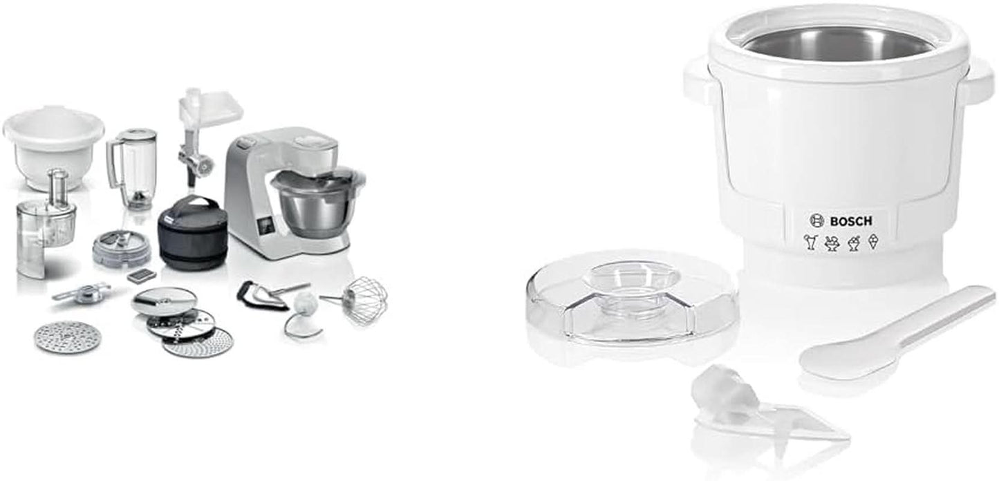 Kuchyňský robot Bosch Series 4 MUM5X720, integrovaná váha, nerezová mísa 3,9L, mixér 1,25L, 1000W Příslušenství Jídlo a kojení Bebe Naty Shop Balíček s výrobníkem ledu Silver Grey 6 příslušenství