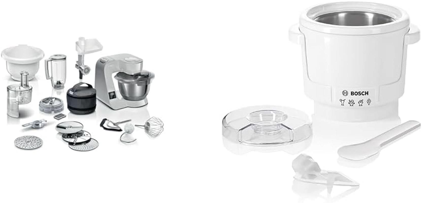 Kuchyňský robot Bosch Series 4 MUM5X720, integrovaná váha, nerezová mísa 3,9L, mixér 1,25L, 1000W Příslušenství Jídlo a kojení Bebe Naty Shop Balíček s výrobníkem ledu Silver Grey 6 příslušenství