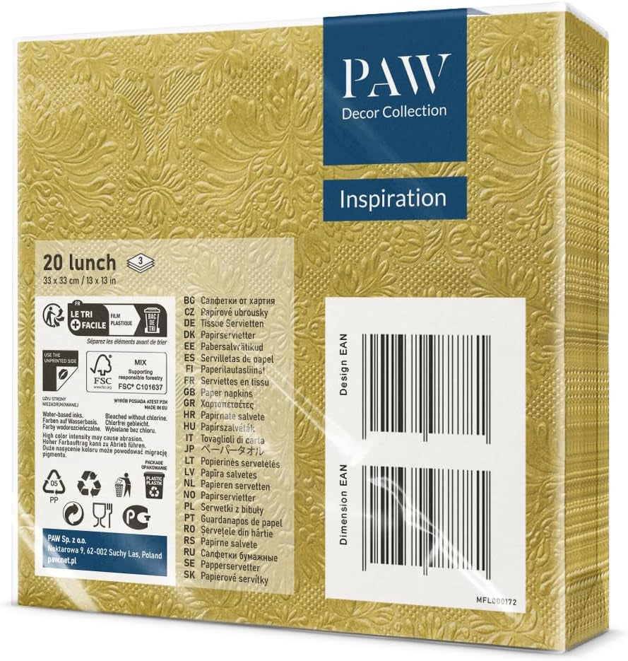 PAW - 3vrstvé ubrousky (33 X 33 cm) I 20 kusů I Ideální pro narozeniny, večírky, svatby, přijímání a svátky I Barevné papírové ubrousky - zvláštní příležitosti, ozdoby I Inspirace Classic (zlatá)