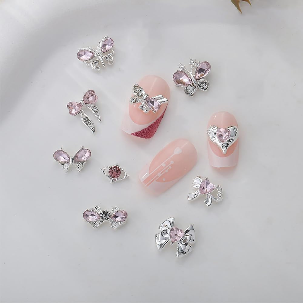 Luxus Rosa Diamant Nagel Charms 3D Butterfly Nail Art Charms Mašle na nehty Y2K Heart Charms Nägel Zubehör Schmetterling Herz Schleife Nageldesign Edelsteine ​​​​Strasssteine ​​Glitzersteine ​​​​Nagelschmuck