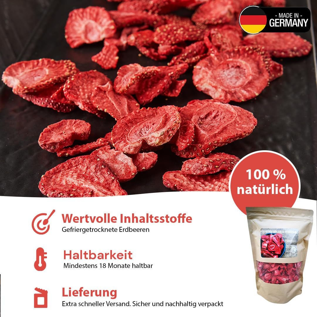 '- 150 g 100% přírodních a čistých lyofilizovaných jahod - Nakrájené sušené jahody - Lyofilizované sušené ovoce bez přidaného cukru - Neslazené jahodové chipsy Dehydrované produkty Naty Shop