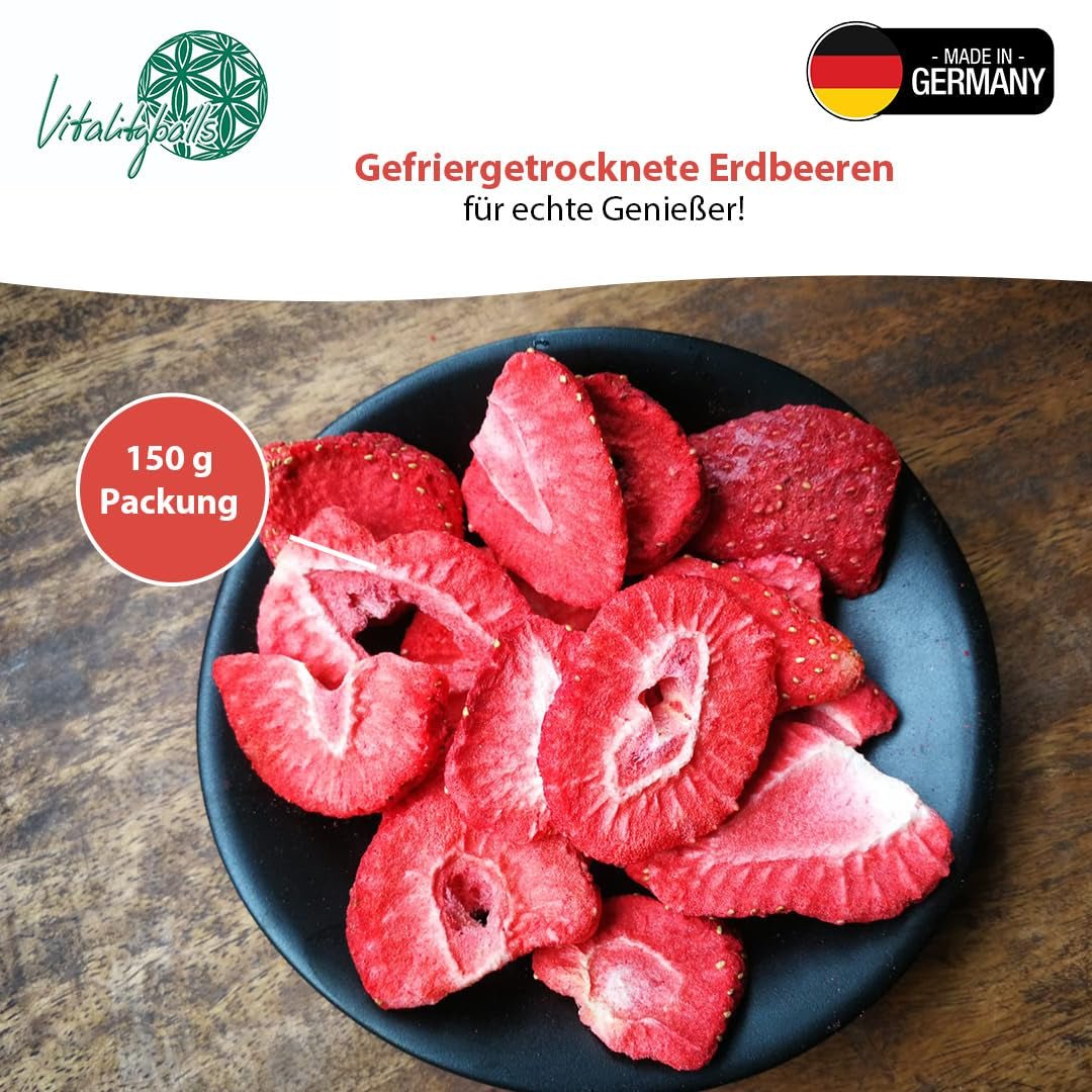 '- 150 g 100% přírodních a čistých lyofilizovaných jahod - Nakrájené sušené jahody - Lyofilizované sušené ovoce bez přidaného cukru - Neslazené jahodové chipsy Dehydrované produkty Naty Shop