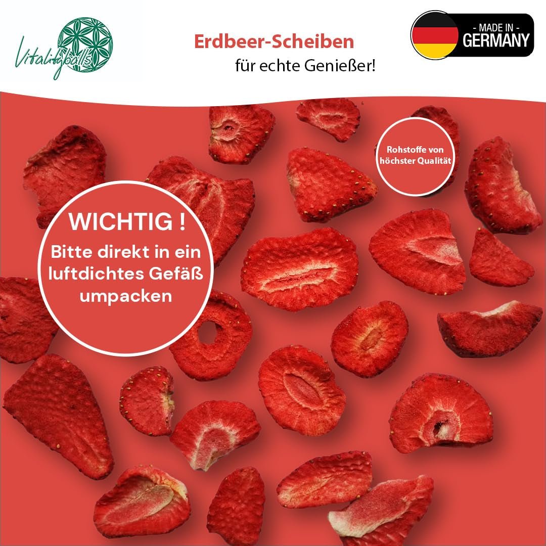 '- 150 g 100% přírodních a čistých lyofilizovaných jahod - Nakrájené sušené jahody - Lyofilizované sušené ovoce bez přidaného cukru - Neslazené jahodové chipsy Dehydrované produkty Naty Shop