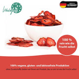 '- 150 g 100% přírodních a čistých lyofilizovaných jahod - Nakrájené sušené jahody - Lyofilizované sušené ovoce bez přidaného cukru - Neslazené jahodové chipsy Dehydrované produkty Naty Shop