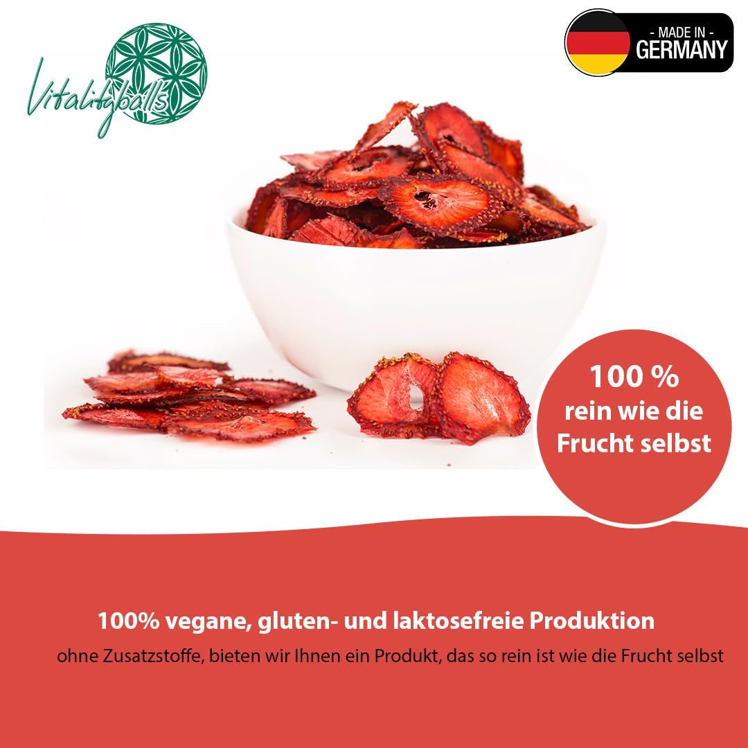 '- 150 g 100% přírodních a čistých lyofilizovaných jahod - Nakrájené sušené jahody - Lyofilizované sušené ovoce bez přidaného cukru - Neslazené jahodové chipsy Dehydrované produkty Naty Shop