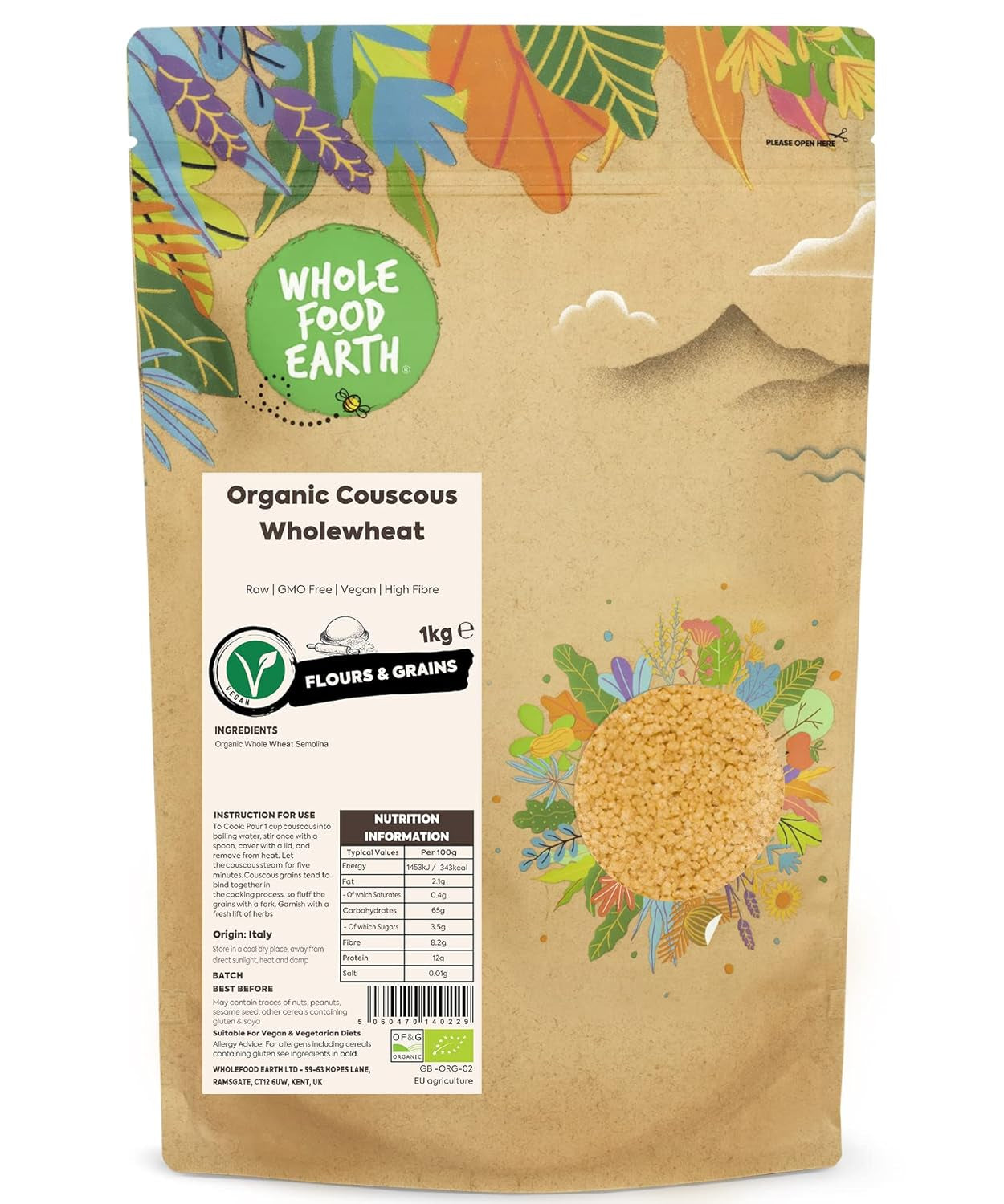 Celozrnný bio kuskus Země – 1kg | Surový | Bez GMO | Vegan | Bohaté na vlákninu | Certifikované organické