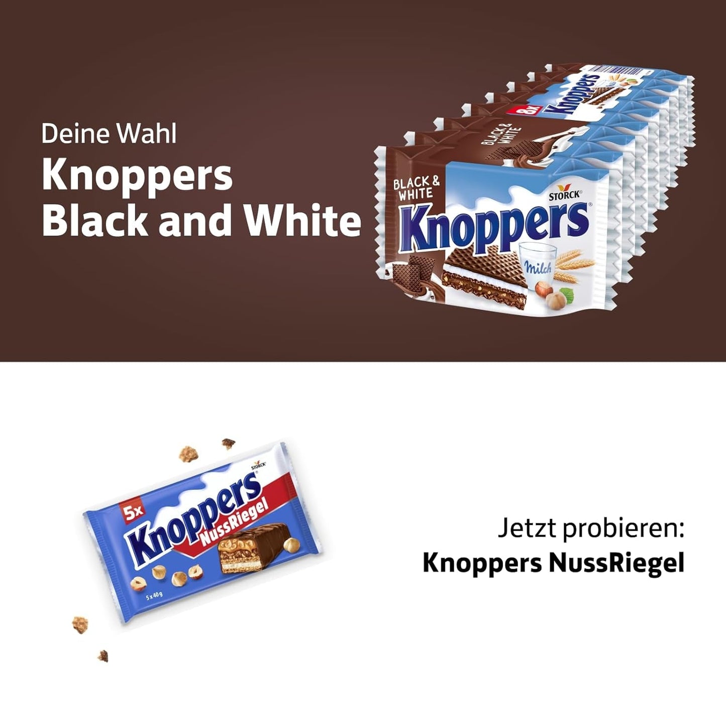 White and Black Knoppers – 8 x 25g – Oplatkové plátky plněné tmavými kakaovými oplatkami, kousky černých sušenek, mlékem a nugátovým krémem