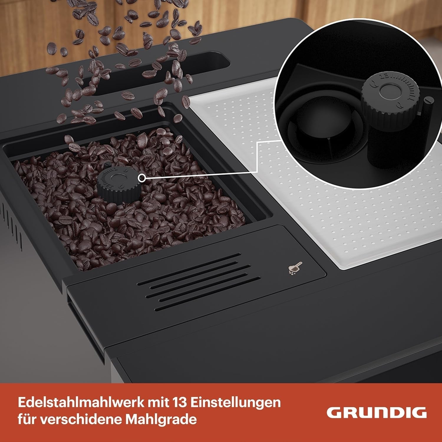 Plně automatický espresso kávovar GRUNDIG KVA 6230 s napěňovačem mléka, nerezový mlýnek s 13 nastaveními mletí, nádoba na kávová zrna 250 g, vyjímatelná nádrž na vodu 2 litry, tlak čerpadla 19 bar, dotykový displej, černá