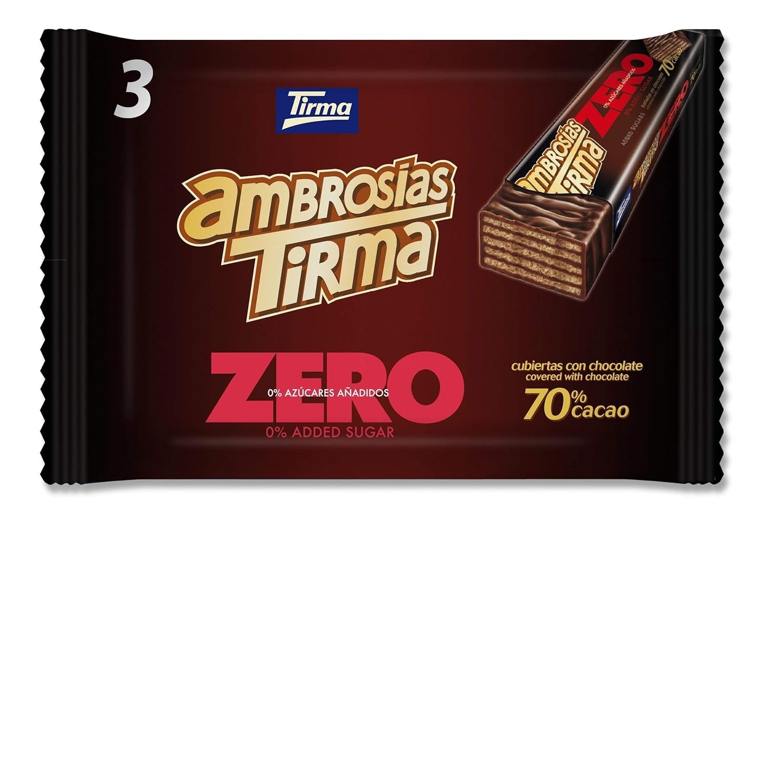 Vafle s hořkou čokoládou Tirma 70% kakaa | Bez přidaného cukru | Vhodné pro keto diety | Nízký obsah sacharidů | Pro diabetiky Čokoládové oplatky Multi Pack | 3 kusy | 64,5 g