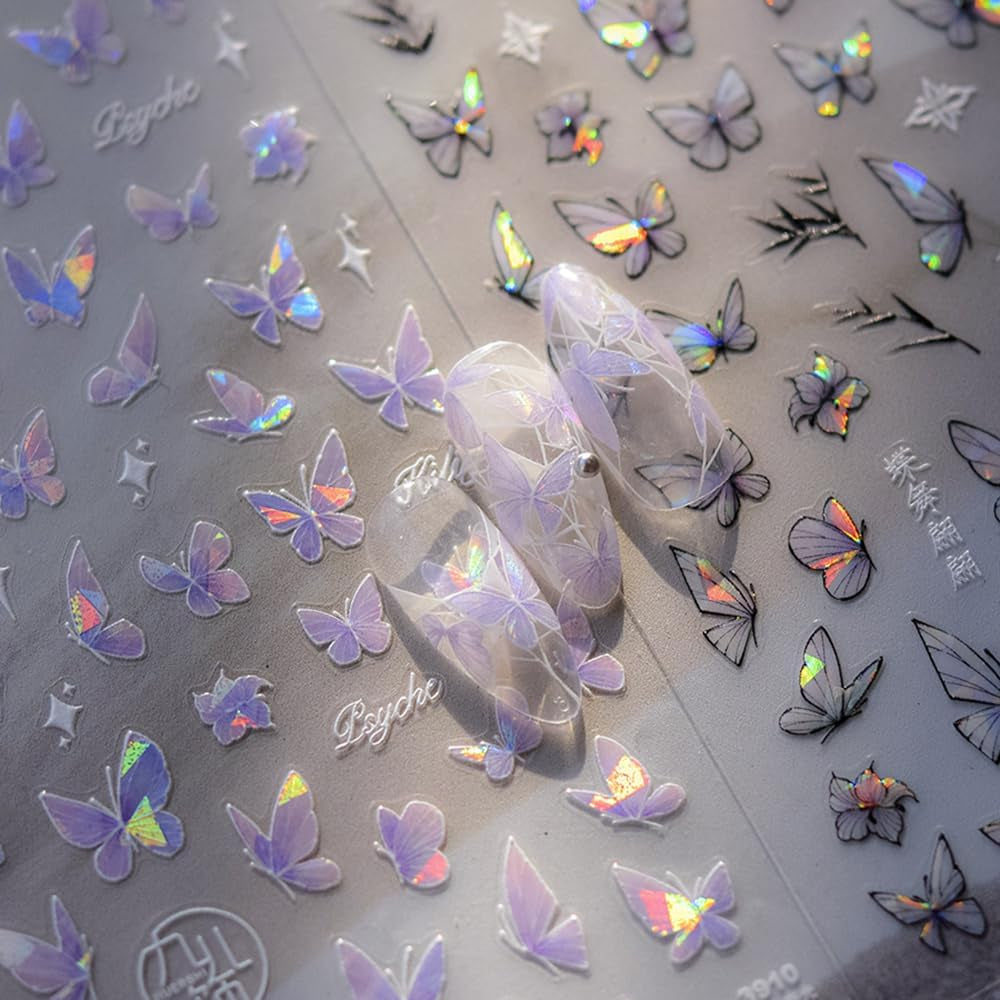 2 Blätter Schmetterling Nálepka na nehty Selbstklebend,Muschel Glitzer Nálepka na nehty Butterfly Lila Grau Schmetterlinge Nagelaufkleber Reliéf Laser Butterflies Nálepka na nehty Nageldesign Zubehör