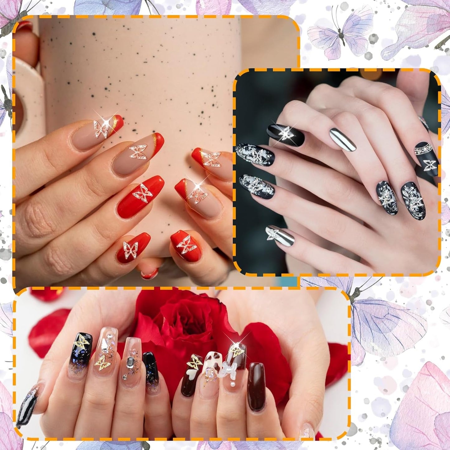 80ks 3D Butterfly nail Charms Alloy Butterfly Gold Silver Glitter Nail Art Dekorace Příslušenství na nehty DIY Manikúra pro ženy