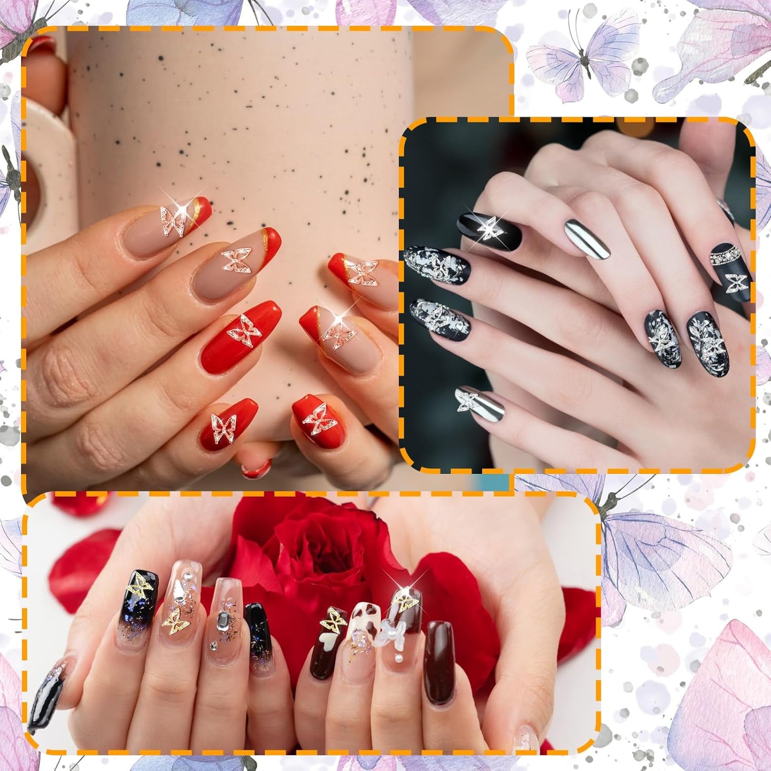 80ks 3D Butterfly nail Charms Alloy Butterfly Gold Silver Glitter Nail Art Dekorace Příslušenství na nehty DIY Manikúra pro ženy