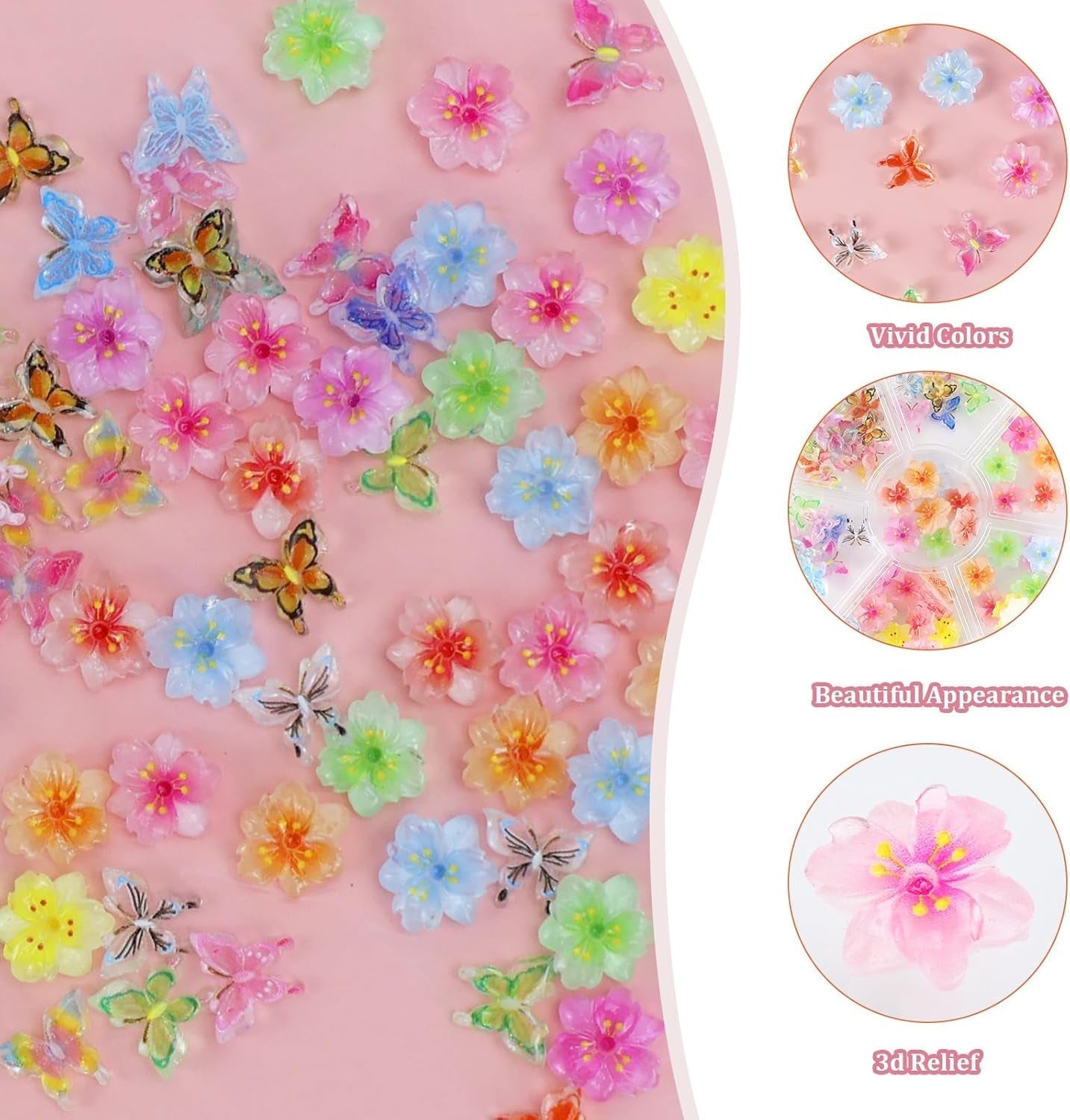 YICH Přívěsky na nehty Nägel Přívěsky 50 ks 3D květiny + 50 ks 3D šišky, letní Nägel Deko Set Šmetterling/květiny Nail Art Nailart