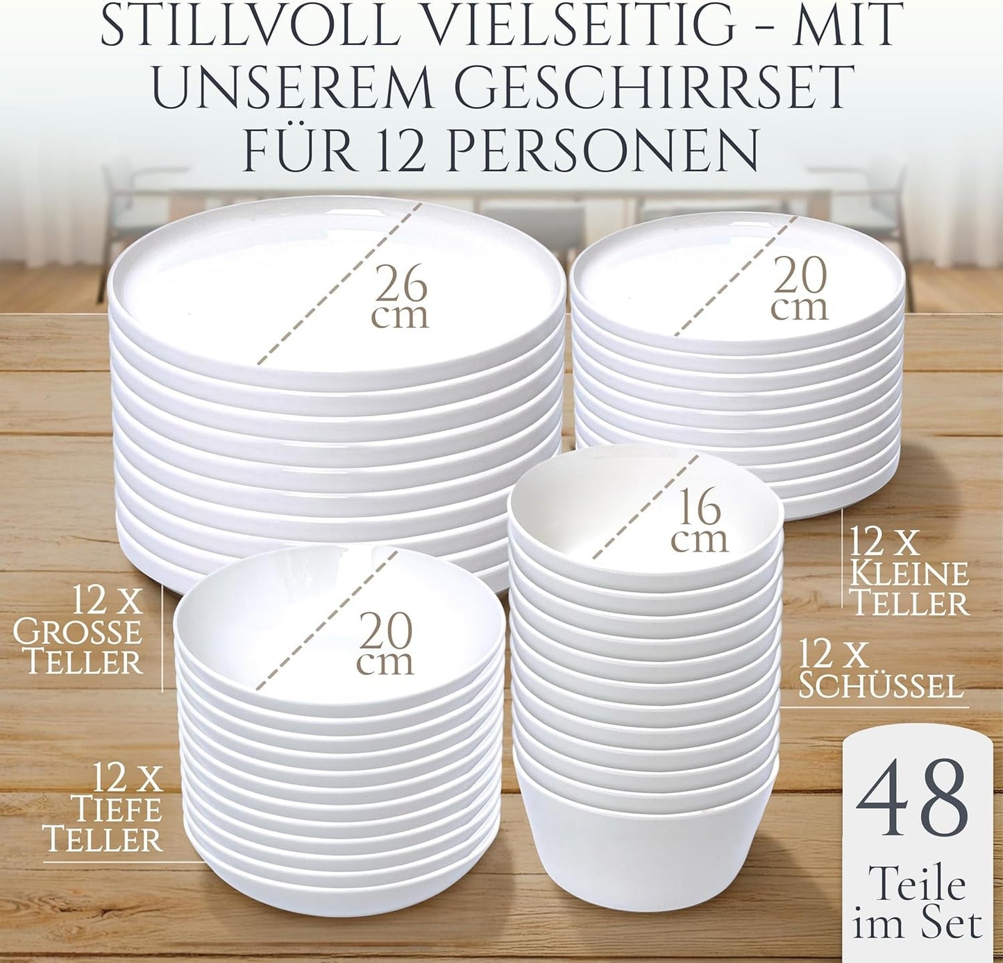 Křišťálová 48dílná porcelánová sada nádobí VÍTĚZ TESTU Čirá sada porcelánového nádobí Mísy a talíře Večerní servis pro 12 sad nádobí Pure Living v bílé barvě
