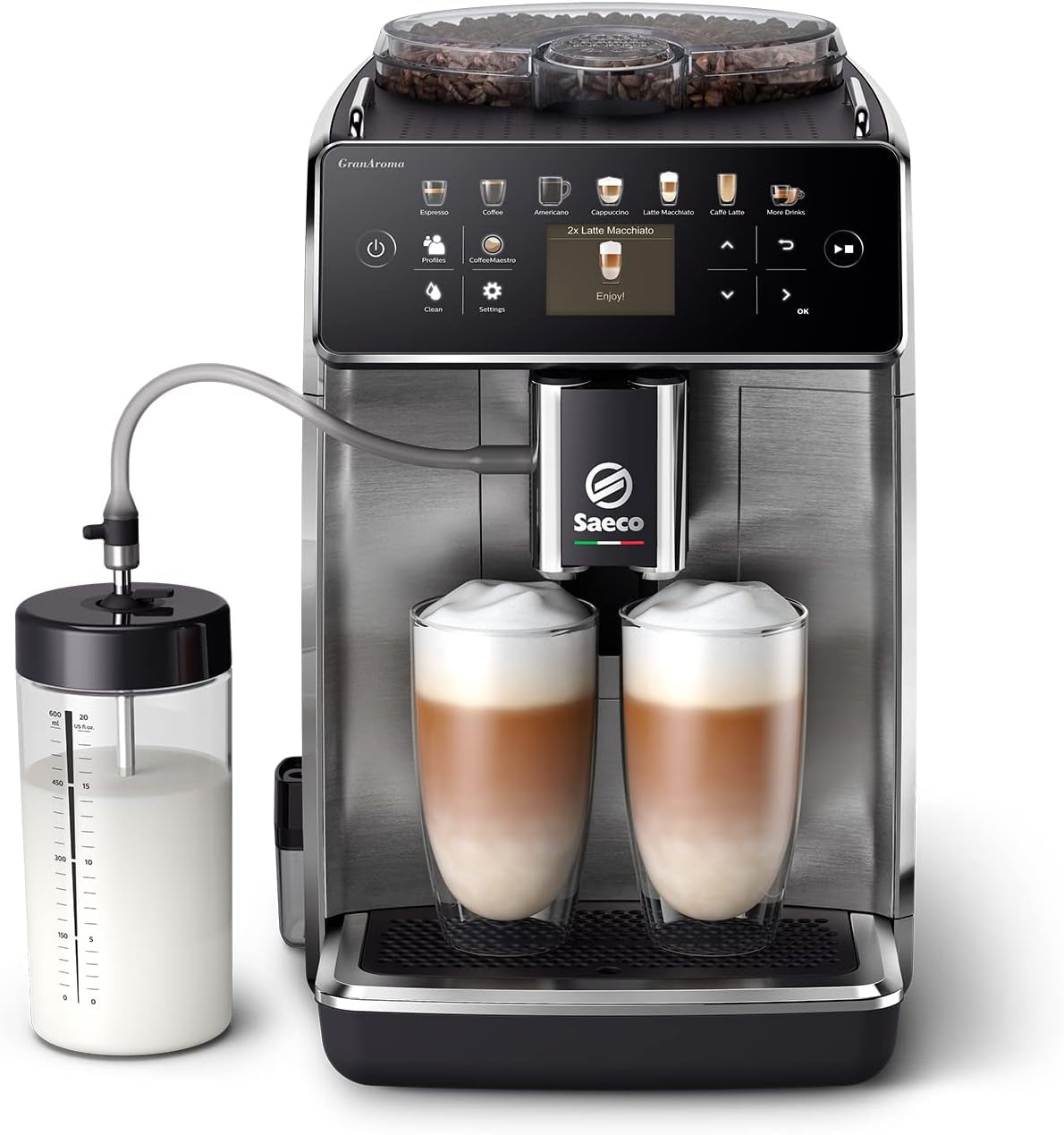 Automatický kávovar Saeco GranAroma – 14 kávových specialit, intuitivní barevný displej, 4 uživatelské profily, keramický mlýnek, 1500 W (SM6580/10)