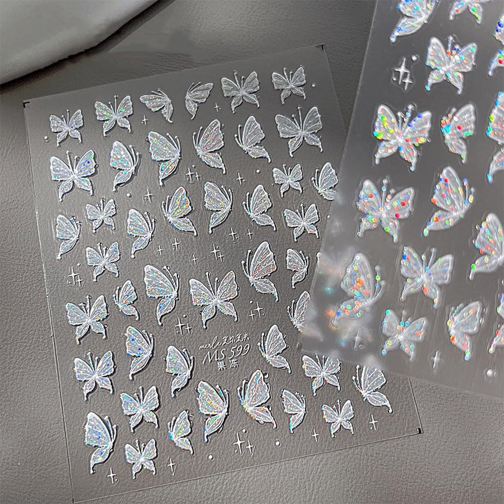 Aurora Muschel Schmetterling Samolepka na nehty Weiß Schmetterlinge Samolepka na nehty Gelee Relief Butterfly Nagelaufkleber Y2K Butterflies Nagel Sticker Nägel Nageldesign Nagel Zubehör Samolepky na nehty Nailart