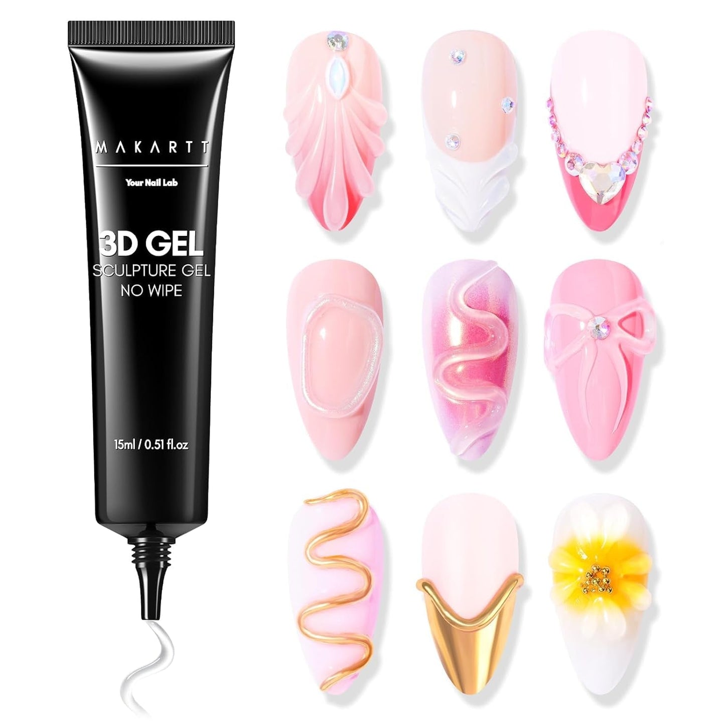 Makartt 3D Nail Art Gel - Kamínkový lepicí gel 15G na klíčenky na nehty, Multifunkční gel na tvarování nehtů pro vlastní úpravu nehtů, modeláž nehtů na modeláž nehtů doma (transparentní)