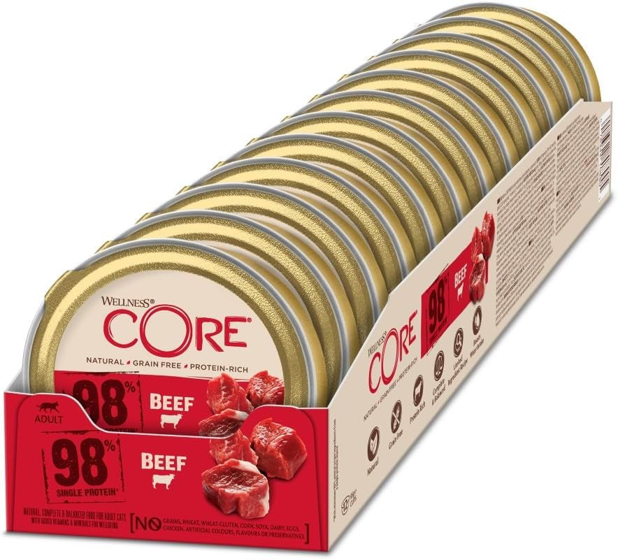 Wellness CORE 98% 12 x 85g, Hovězí maso - Mokré krmivo pro kočky, hustá paštika, bez obilovin, přírodní, hypoalergenní, vysoký obsah bílkovin, vysoký obsah masa