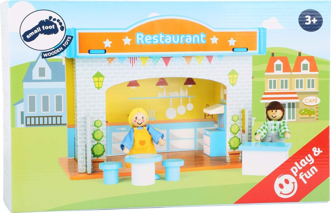 Small Foot 10852 Playhouse Restaurant Vyrobeno ze dřeva, Se 2 figurkami panenek, doplňky a odnímatelnou střechou, Od 3 let Domky pro panenky Naty Shop