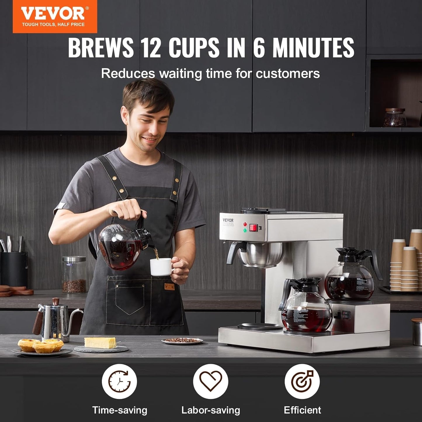 Komerční kávovar na espresso s filtrem na 12 šálků VEVOR se 3 skleněnými karafami a 3 topnými deskami Espresso kávovar z nerezové oceli s automatickým přívodem vody pro kancelářskou restauraci Kavárna