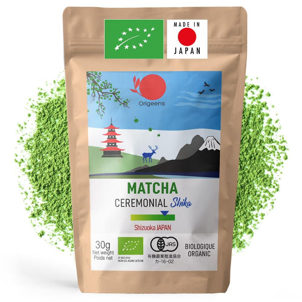 ORIGEENS BIO MATCHA CEREMONIÁLNÍ STUPEŇ "SHIKA" - Organický japonský čaj ze Shizuoka - Matcha Latte/Usucha - 30g doplňovací sáček - Ceremoniální stupeň organického Matcha zeleného čaje v prášku
