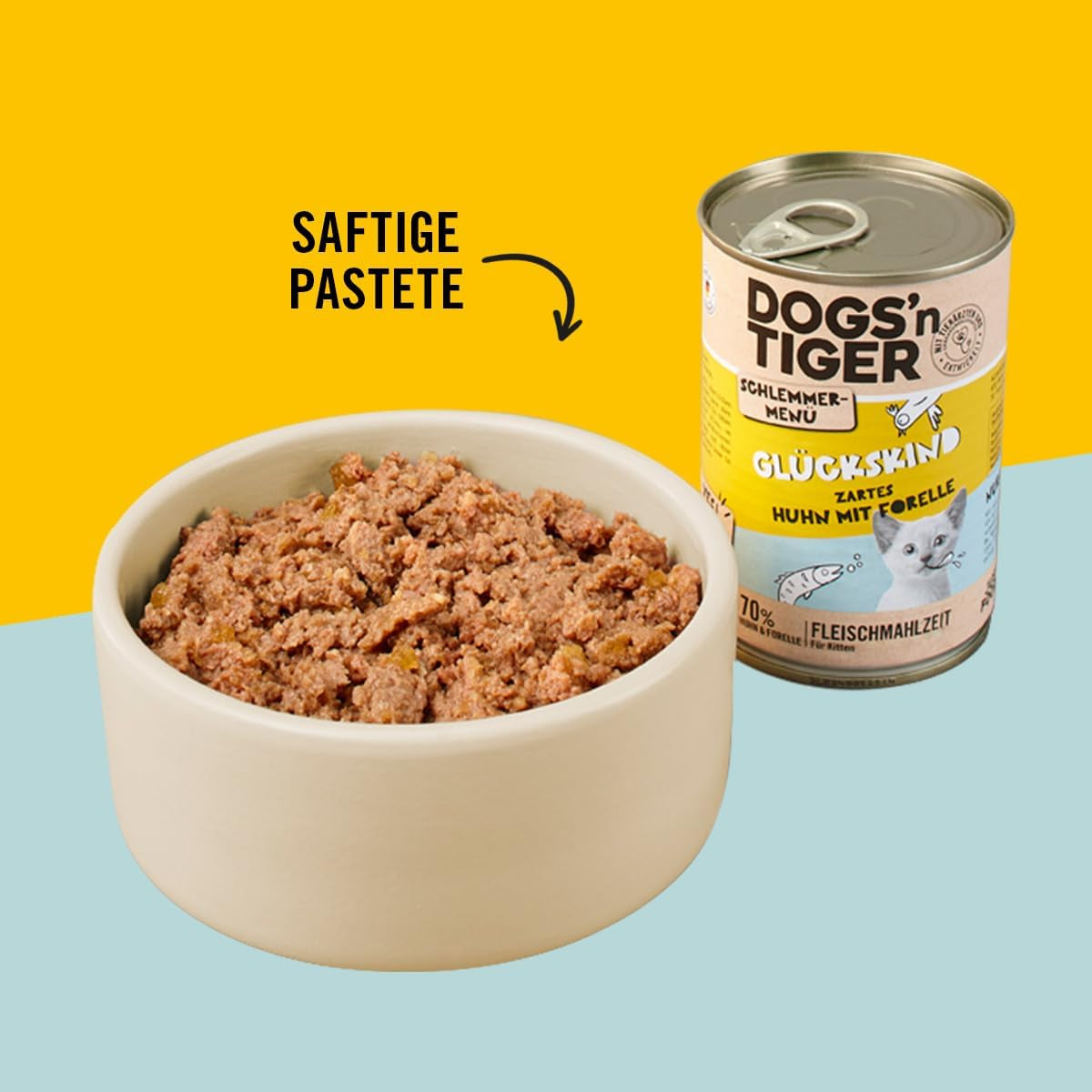 Dogs'n Tiger Schlemmermenü Glückskind, Nassfutter für Kätzchen, saftiges Hun und Forelle - ohne Getreide, Zuckerzusatz, künstliche Konservierungsstoffe, optimální Verträglichkeit, 12x 200g