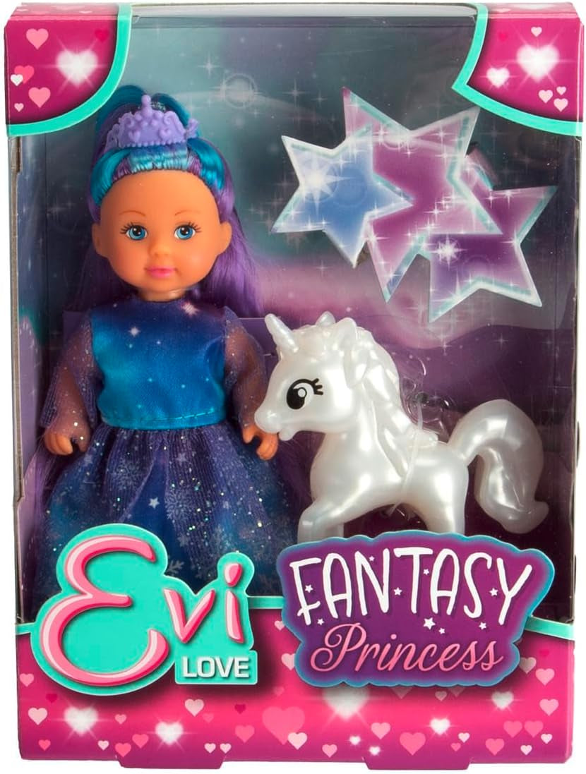 Panenka Simba Evi Princezna Fantasy of Love v pohádkových šatech s třpytivým jednorožcem 12cm hrací panenka Věk 3+