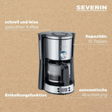 Espresso kávovar SEVERIN "TypeSwitch" se skleněnou karafou a časovačem, AromaSwitch pro výběr 2 možností spařování, digitální hodiny s funkcí časovače, až 10 šálků, 1000W, kartáčovaná nerez-černá, KA 4826