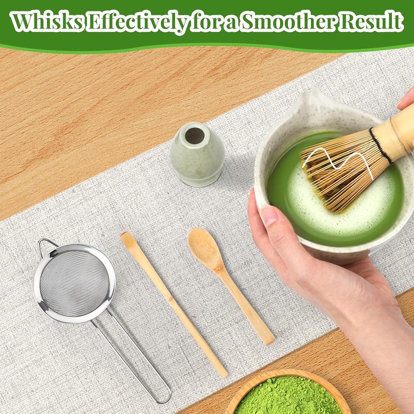 Alyvisun Matcha Set, 5dílný Matcha čajový set s Matcha konvičkou a Matcha stojánkem, Čajová lžička, Čajová lžička, Matcha čajový set pro milovníky Matcha, Ideální pro začátečníky a nadšence
