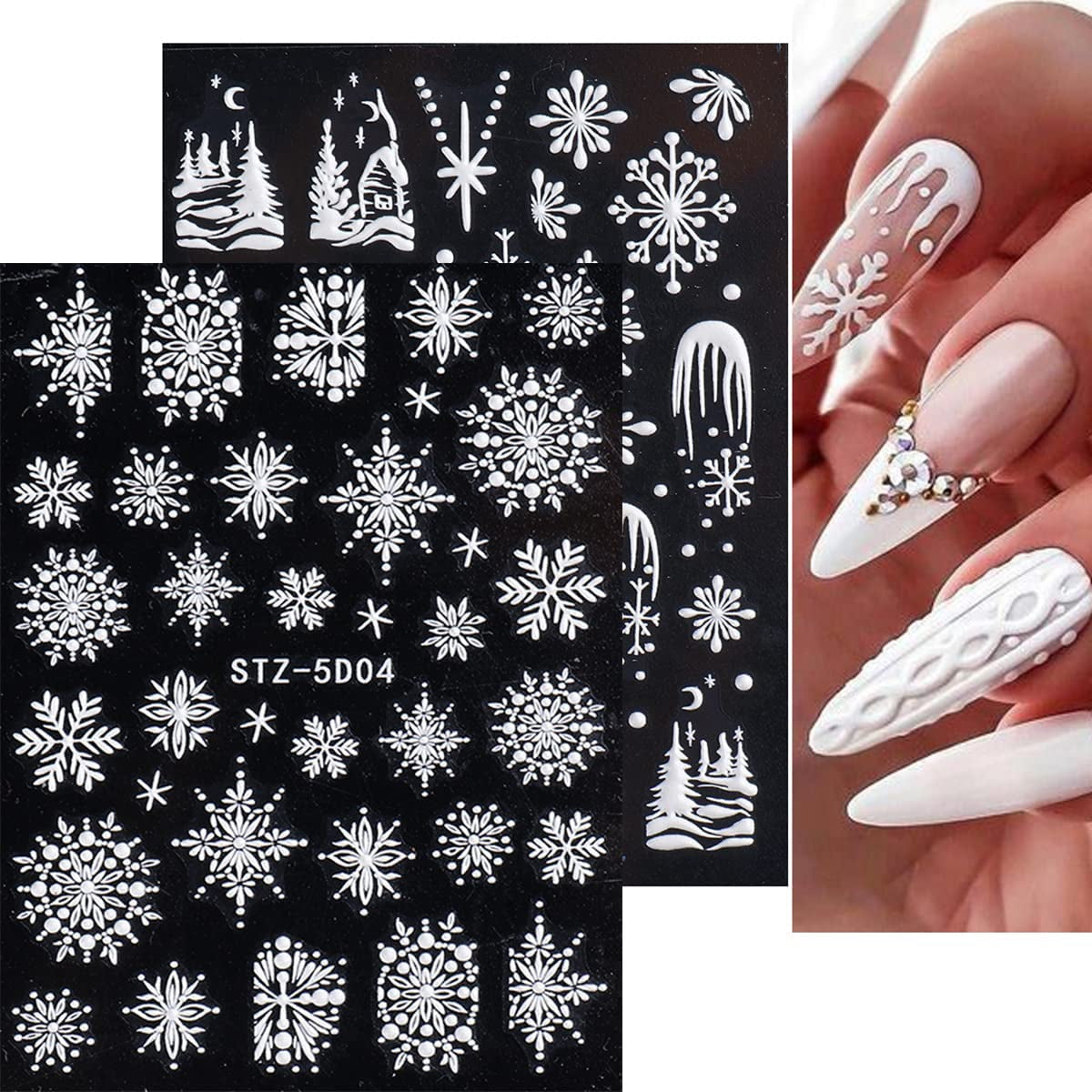 4 Blatt 3D Nálepka na nehty Weihnachten Nagelaufkleber Christmas 5D Stereoskopisch Selbstklebend Schneeflocke Schneemann Nálepka na nehty Dekorace Nageldesign Zubehör