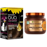 Garnier Olia Hair Color 6.0 Light Brown + True Treasures Repair Treatment (340 ml) pro poškozené vlasy - barvení bez amoniaku, přírodních olejů, krycí šedivé vlasy, med a včelí vosk, menší lámavost vlasů Barva na vlasy Naty Shop Barva na vlasy + opravná kúra