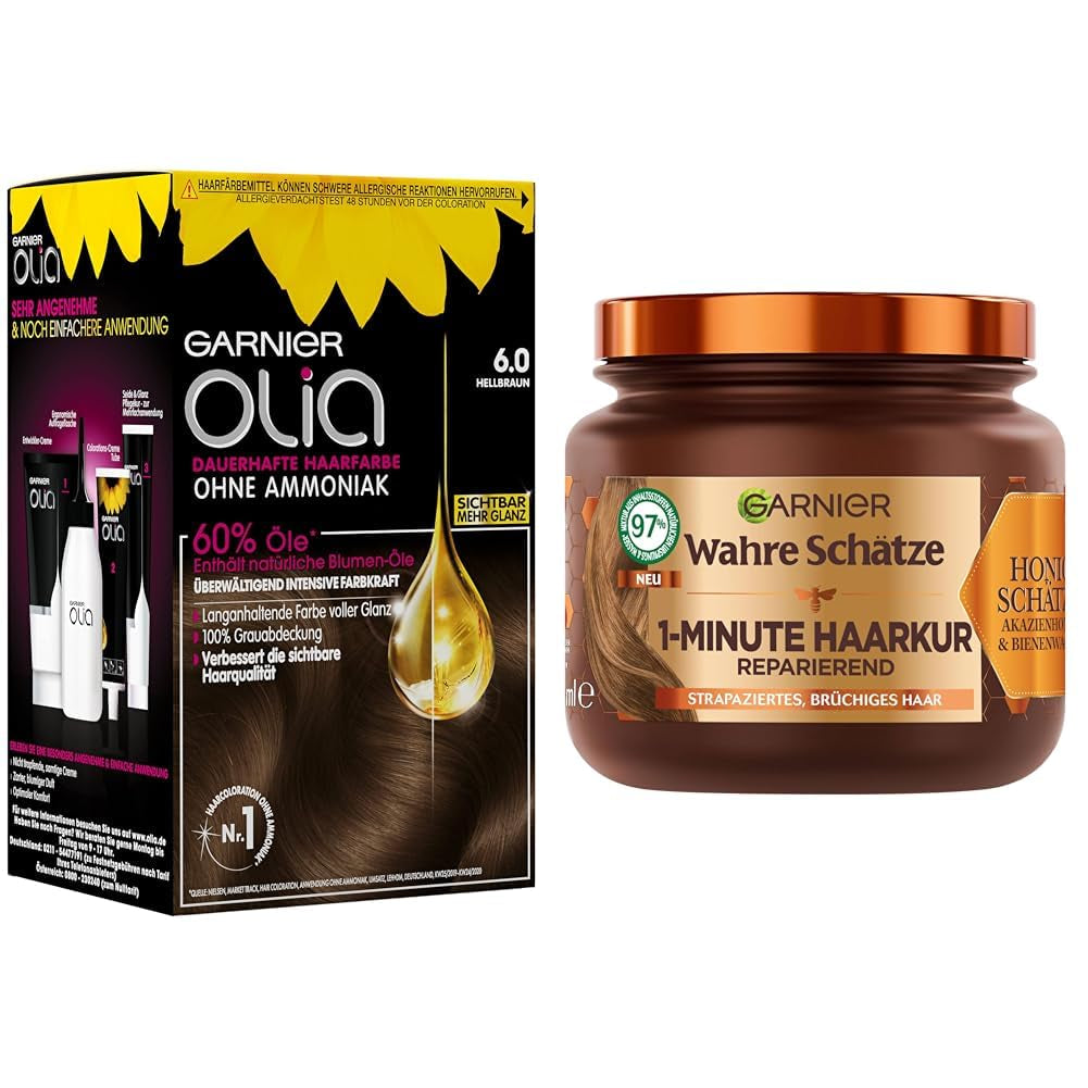 Garnier Olia Hair Color 6.0 Light Brown + True Treasures Repair Treatment (340 ml) pro poškozené vlasy - barvení bez amoniaku, přírodních olejů, krycí šedivé vlasy, med a včelí vosk, menší lámavost vlasů Barva na vlasy Naty Shop Barva na vlasy + opravná kúra