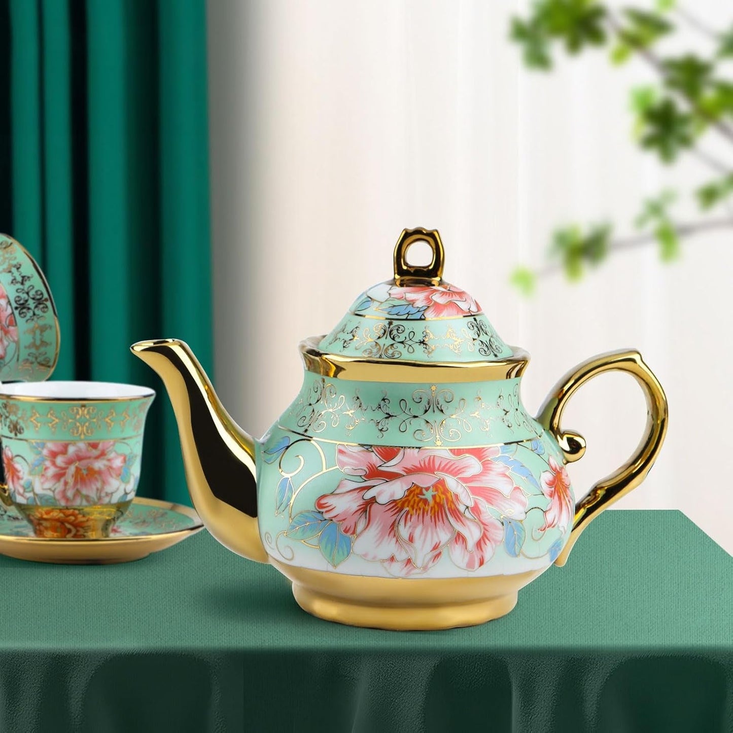 Keramická čajová souprava s kovovým stojánkem, 20 kusů Vintage květinový vzor Porcelánová čajová souprava, Evropský styl čajová souprava pro 6, 160 ml keramický šálek na čaj, 700 ml konvice, na večírky