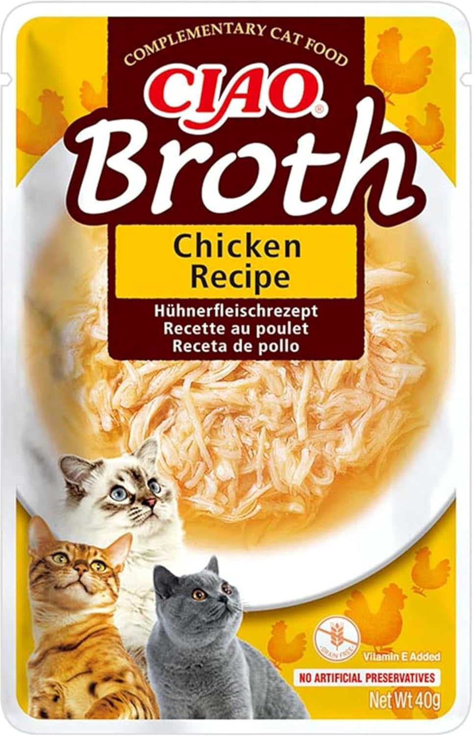 INABA Ciao Broth Mokré krmivo pro kočky 88% vlhkost a vitamín E, prémiová polévka pro kočky s kuřecím masem 40g (balení 12 ks), 100% přírodní maso, bez obilovin, bez cukru