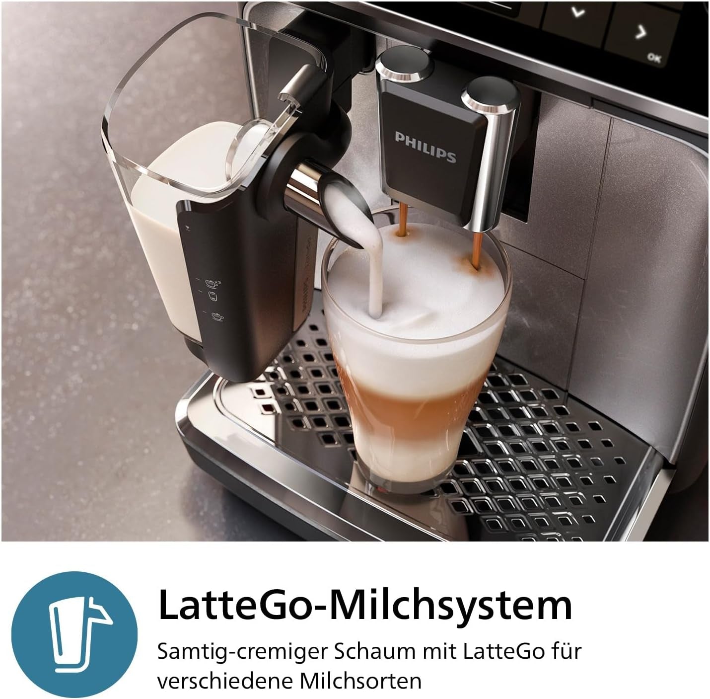 Automatický kávovar PHILIPS řady 3300 - 6 nápojů, moderní barevný dotykový displej, systém přípravy mléka LatteGo, SilentBrew, 100% keramický mlýnek, filtr AquaClean. Černý chrom (EP3347/90)