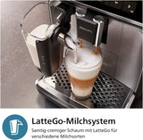 Automatický kávovar PHILIPS řady 3300 - 6 nápojů, moderní barevný dotykový displej, systém přípravy mléka LatteGo, SilentBrew, 100% keramický mlýnek, filtr AquaClean. Černý chrom (EP3347/90)