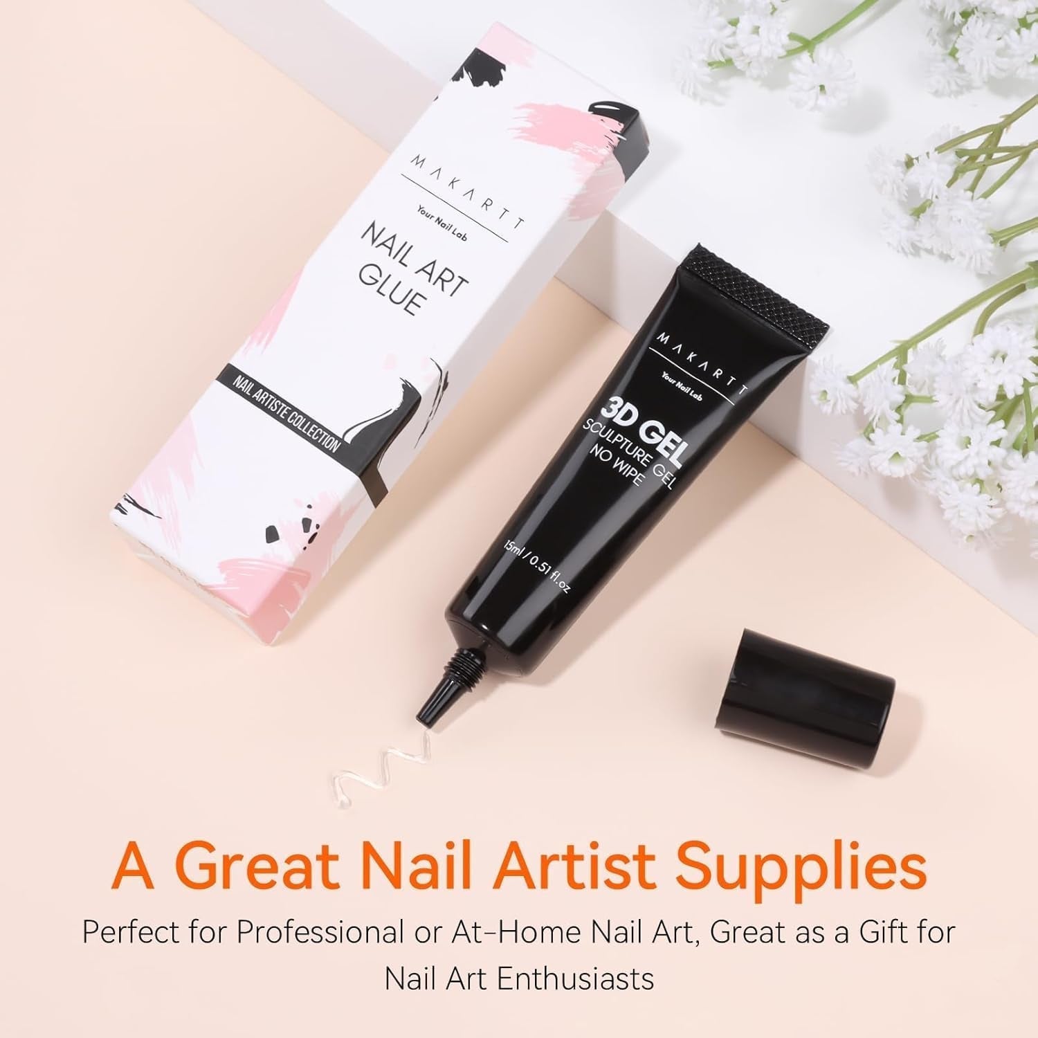 Makartt 3D Nail Art Gel - Kamínkový lepicí gel 15G na klíčenky na nehty, Multifunkční gel na tvarování nehtů pro vlastní úpravu nehtů, modeláž nehtů na modeláž nehtů doma (transparentní)