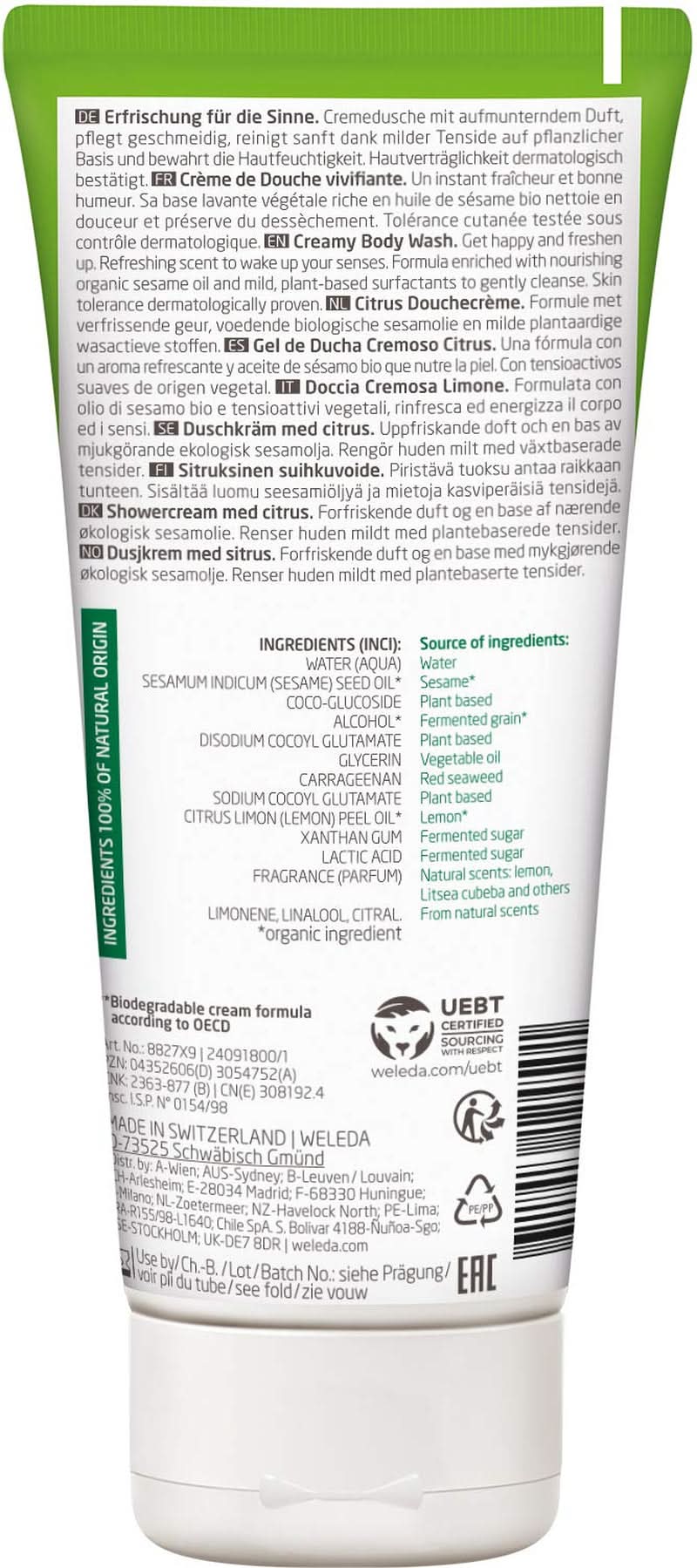 WELEDA Organic Refresh sprchový gel Vegan, unisex sprchový gel, příchuť citron/pomeranč, 200 ml Naty Shop