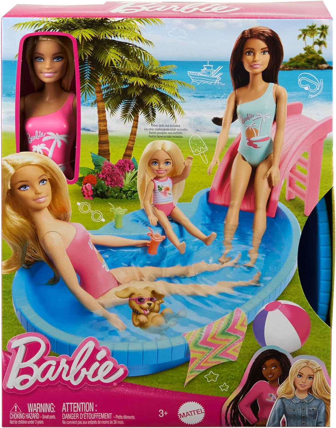 Panenka Barbie a doplňky - bazén se skluzavkou a doplňky pro hodiny zábavy na slunci, růžové plavky s tropickým designem, pro děti od 3 let, HRJ74 Naty Shop Dollhouses