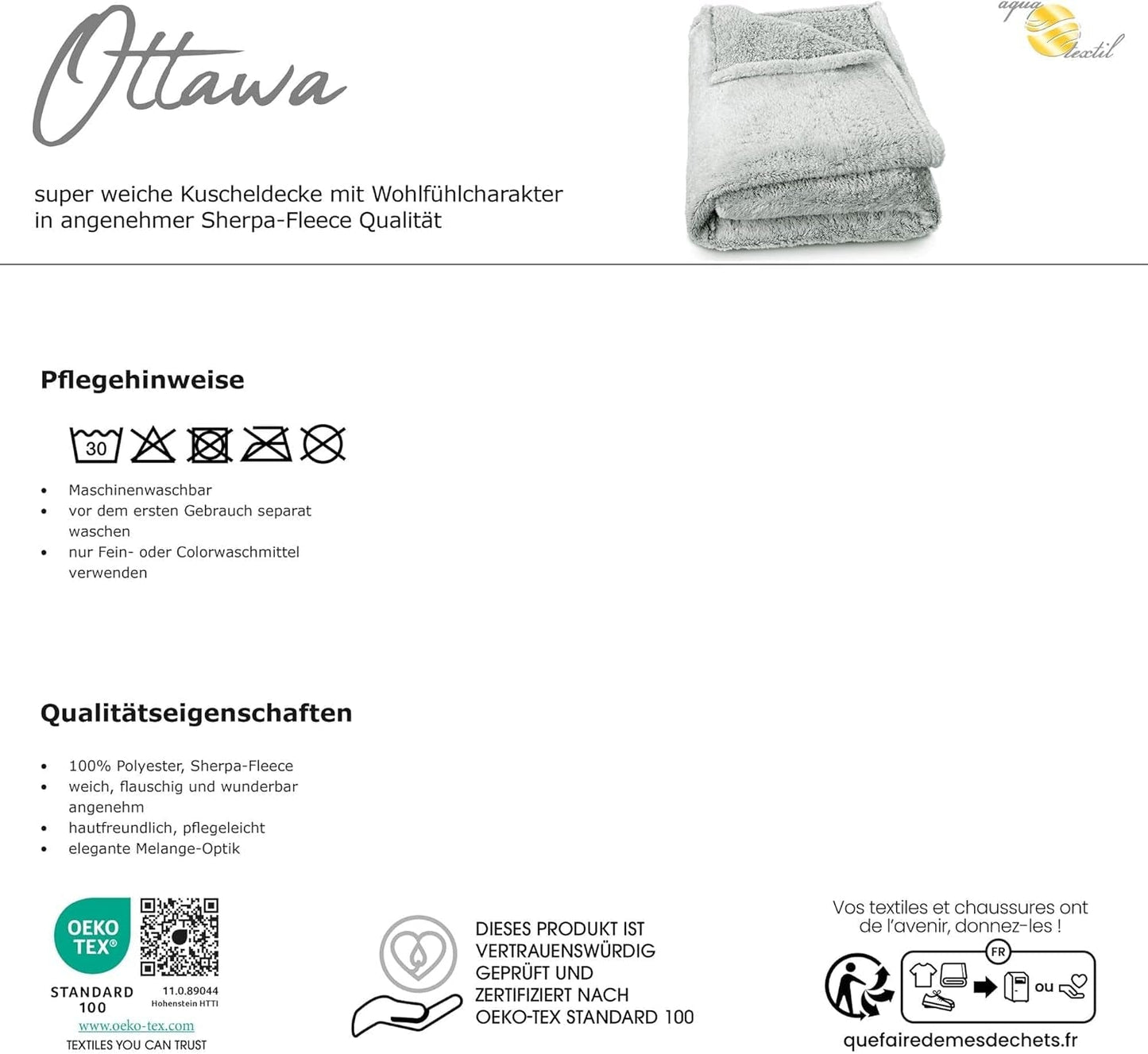 Aqua-Textil Nadýchaná plyšová přikrývka 150 X 200 Cm Šedá Bílá Melange Plyšová TV přikrývka Přehoz Sherpa Fleece Oeko-Tex Ottawa Postele a přikrývky Besuche den aqua-textil-Store