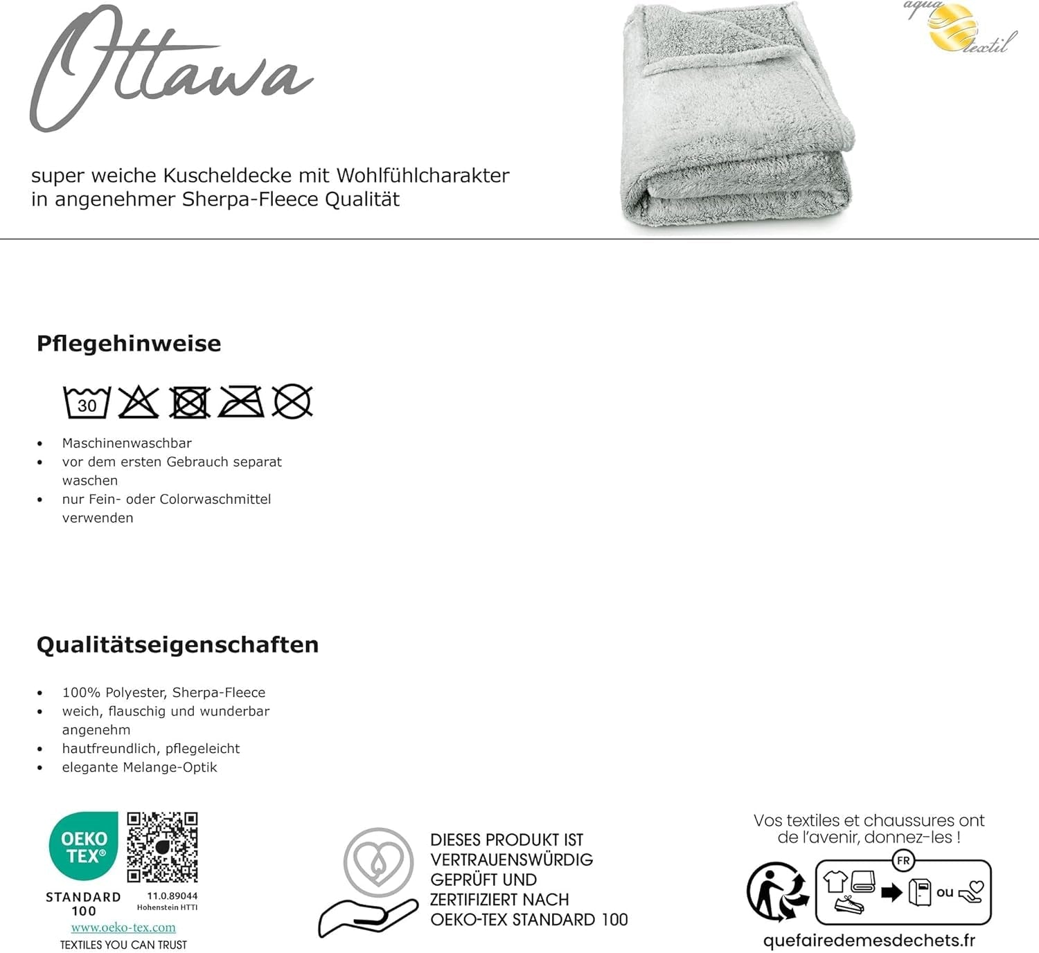 Aqua-Textil Nadýchaná plyšová přikrývka 150 X 200 Cm Šedá Bílá Melange Plyšová TV přikrývka Přehoz Sherpa Fleece Oeko-Tex Ottawa Postele a přikrývky Besuche den aqua-textil-Store