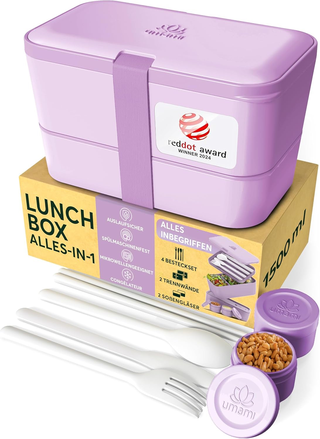 Umami krabička na oběd pro dospělé, 4 netěsné a netěsnící stohovatelné Bento Box, Box na oběd pro dospělé, Zásobník na salát, Piknik / Kancelář, krabička na oběd, Uhlově šedá, 1500 ml krabičky na potraviny Naty Shop Levandulová fialová L - 1500 ml stohovatelné do sebe